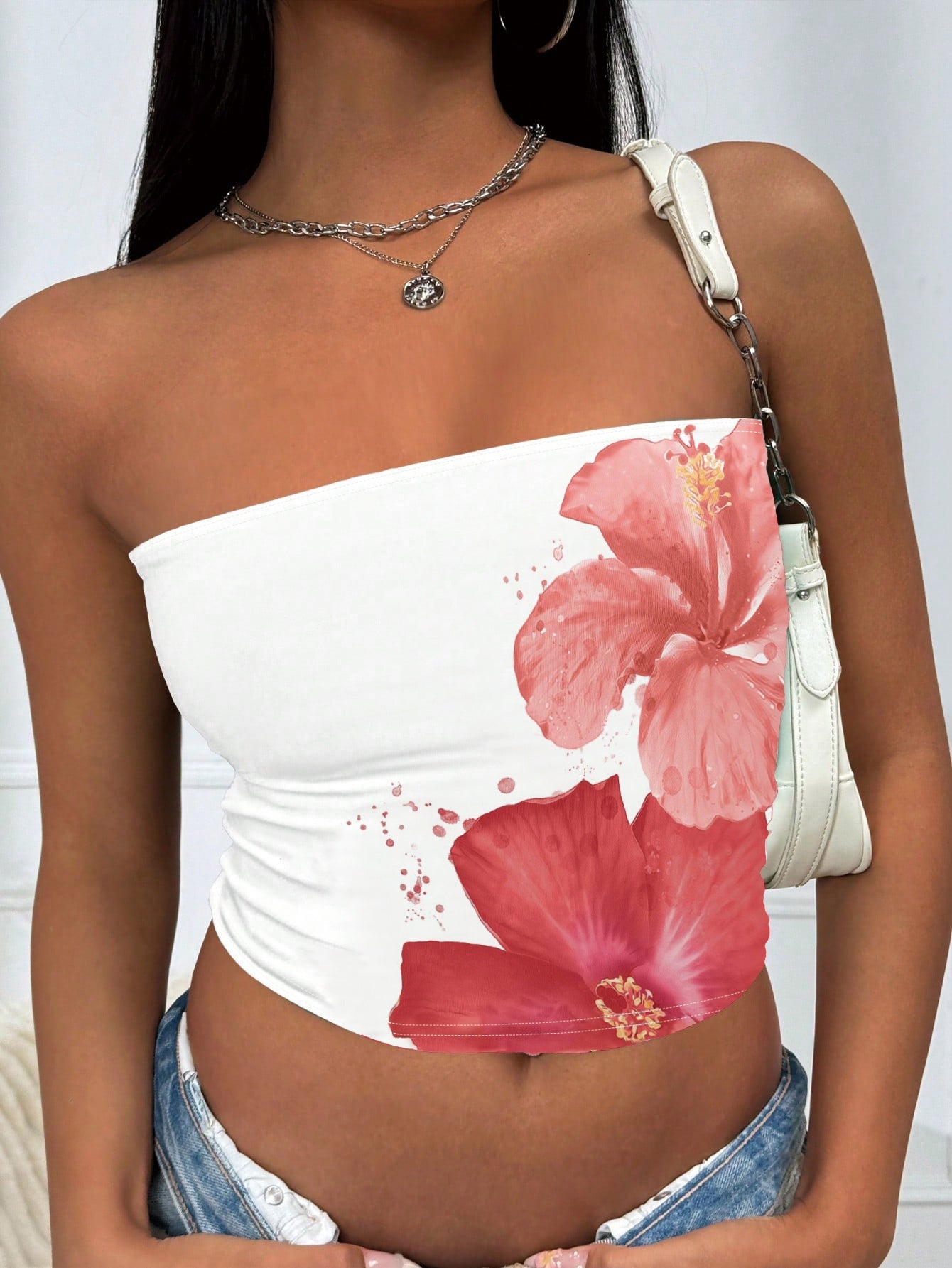 Women's Y2K Floral Print Tube Top - Stretchy, Non-See-Through Casual Sleeveless Shirt with Vibrant Hibiscus Design, Machine Washable, White, Beachwear | Crop Top | Stretchy Fabric